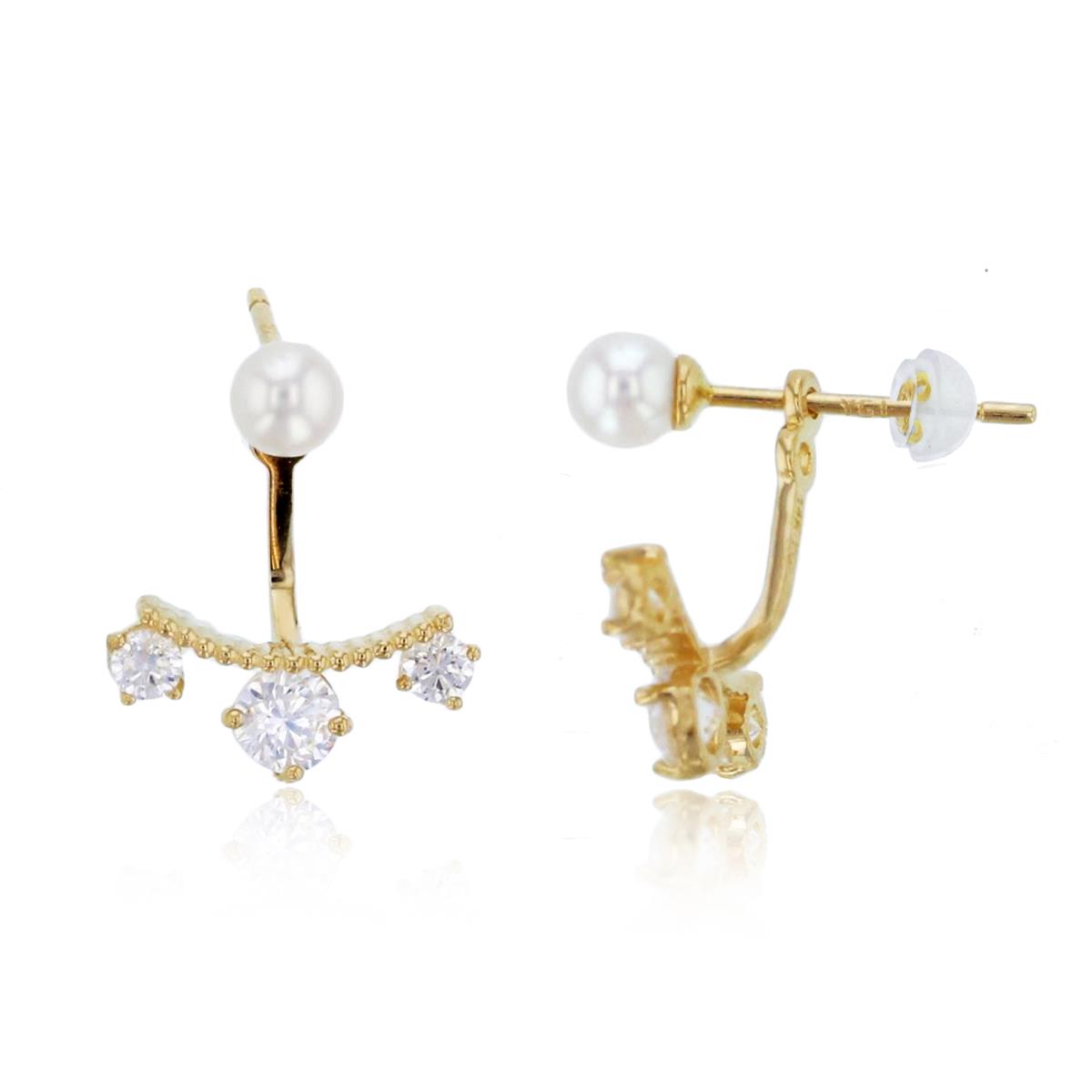 14K Yellow Gold Rnd CZ & Fresh Water Pearl Crawl Earrings with Silicon Backs