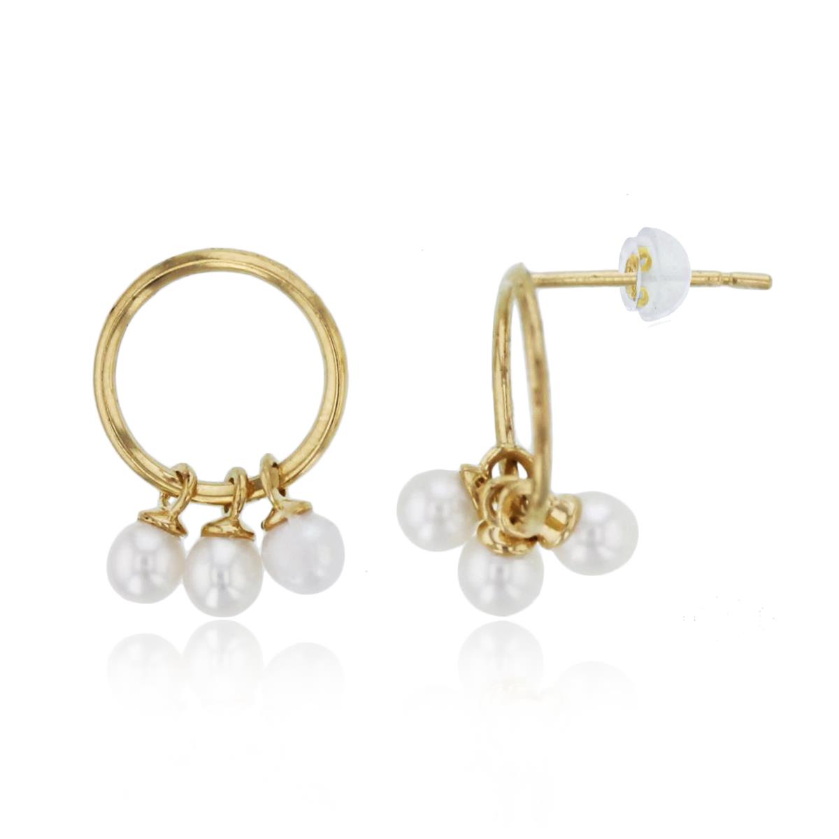 14K Yellow Gold Dangling Rnd Fresh Water Pearls on Circle Studs with Silicon Backs