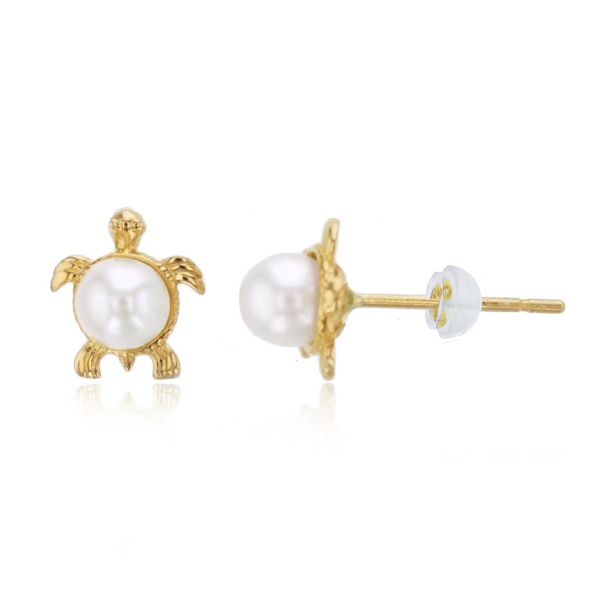 14K Yellow Gold Rnd Fresh Water Pearl Turtle Studs with Silicon Backs