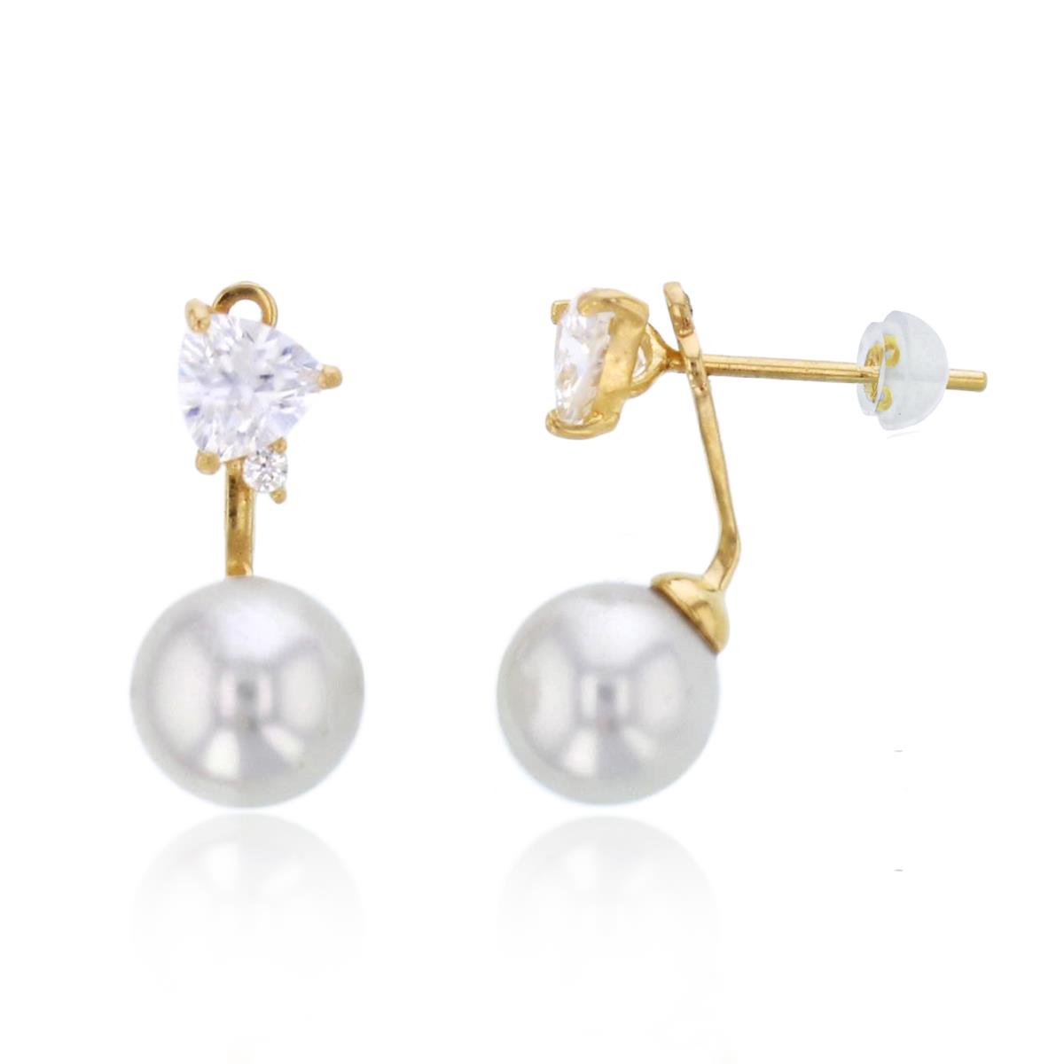 14K Yellow Gold Trill/Rnd CZ & 6mm Synthetic Pearl Top/Bottom Earrings with Silicon Backs