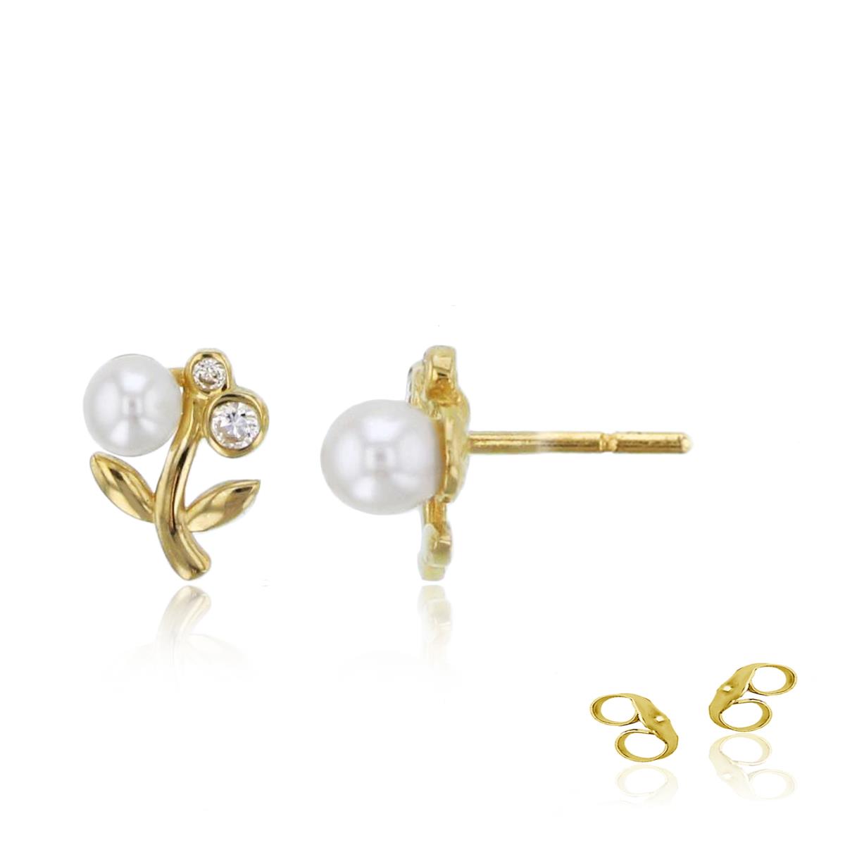 14K Yellow Gold Rnd CZ & Fresh Water Pearl Cherry Studs with Silicon Backs