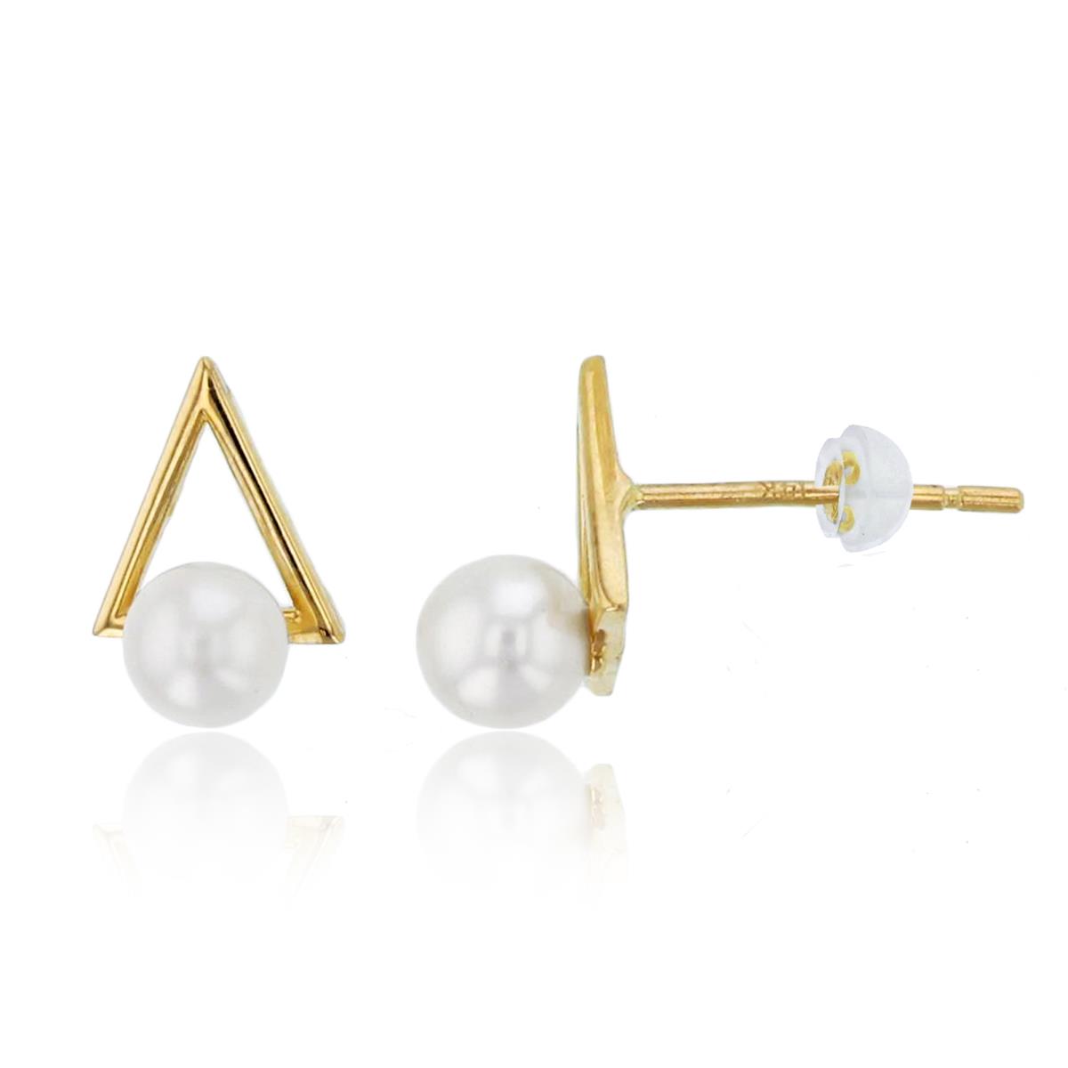 14K Yellow Gold 4mm Rnd Fresh Water Pearl Triangle Studs with Silicon Backs