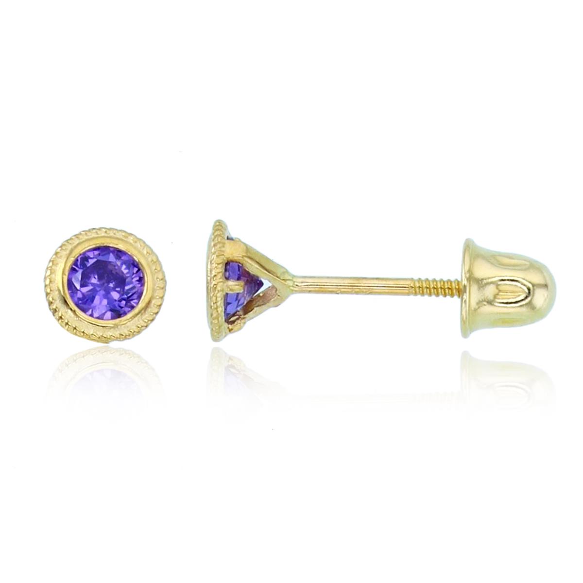 14K Yellow Gold 3mm Rd Amethyst CZ Rope Bezel Screwback Stud Earring