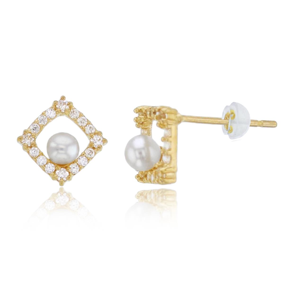 14K Yellow Gold Rnd CZ & 3mm Fresh Water Pearl Cushion Studs with Silicon Backs