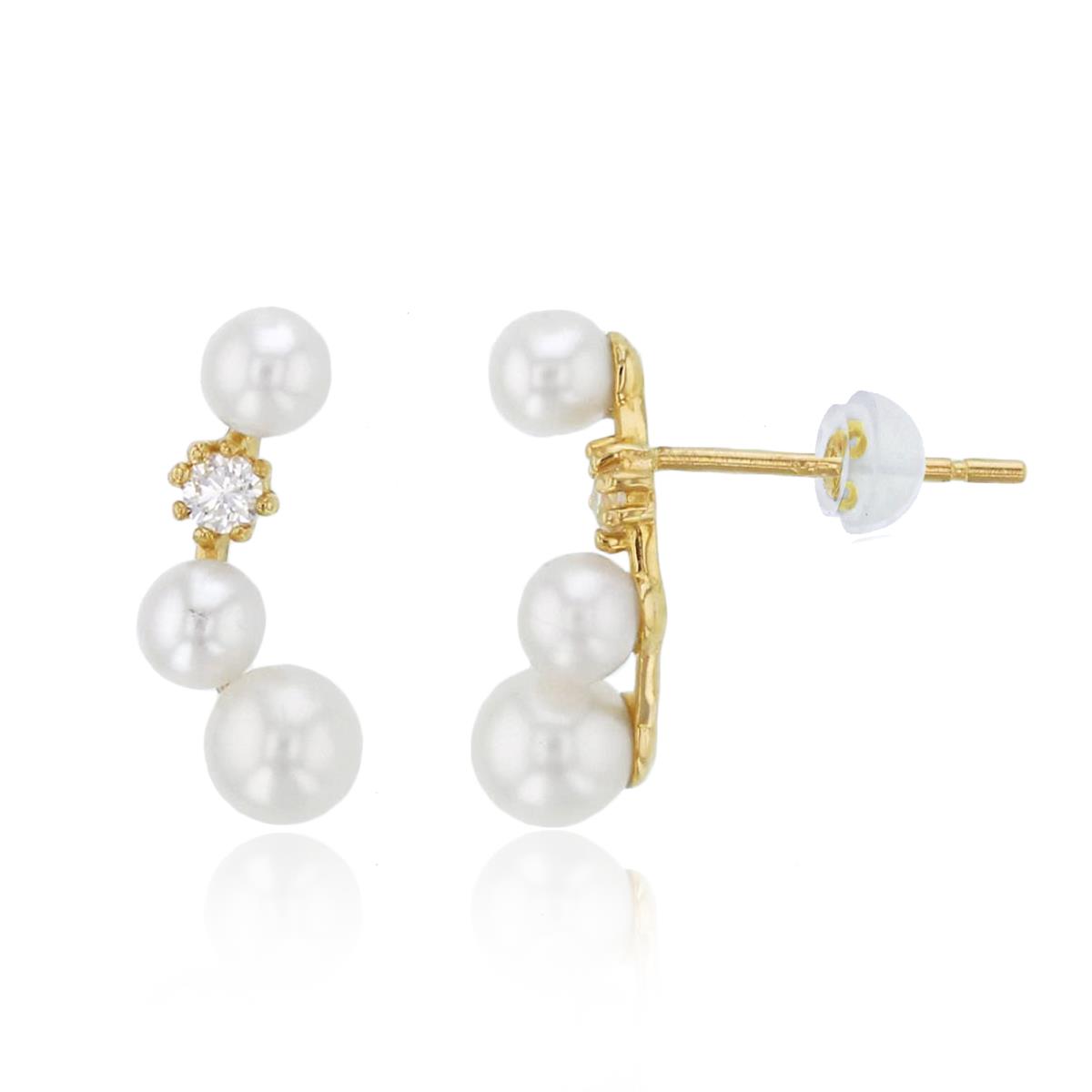 14K Yellow Gold Rnd CZ & 3mm/4mm Fresh Water Pearl Crawl Earrings with Silicon Backs