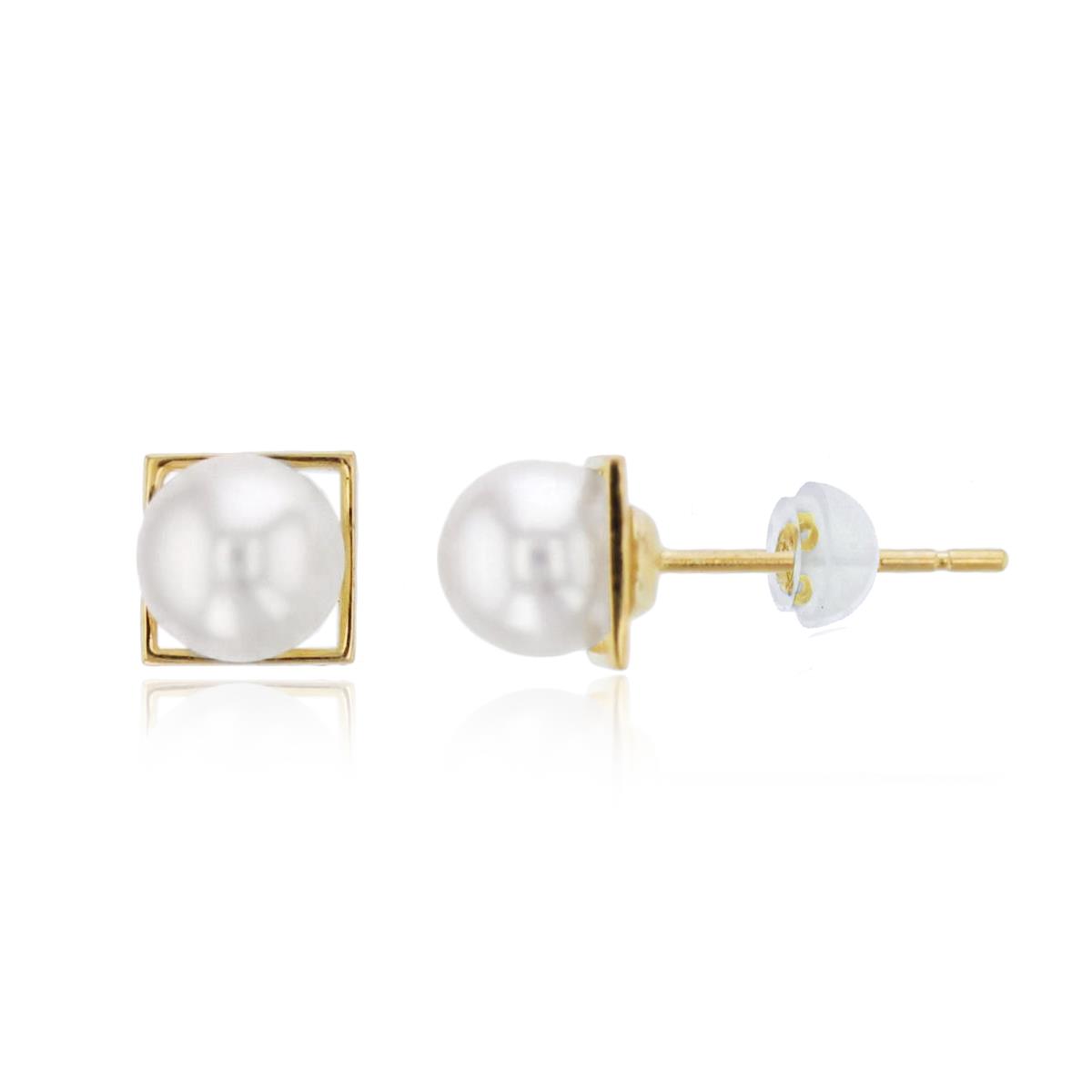 14K Yellow Gold 5mm Rnd Fresh Water Pearl Square Studs with Silicon Backs