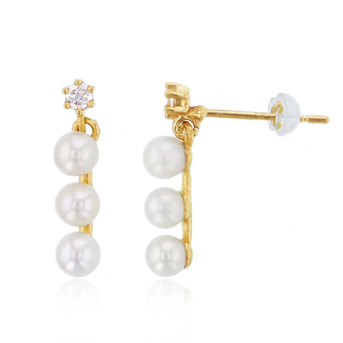 14K Yellow Gold Rnd CZ & Fresh Water Pearl Dangling Earrings with Silicon Backs