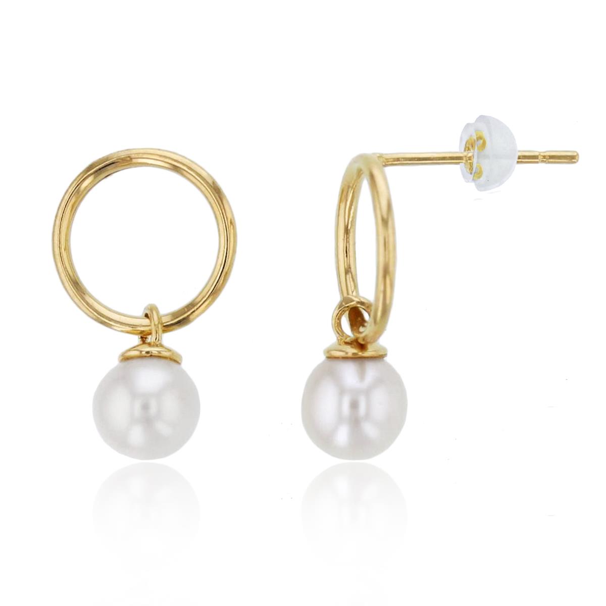 14K Yellow Gold Dangling 4.5mm Rnd Fresh Water Pearl Open Circle Studs with Silicon Backs