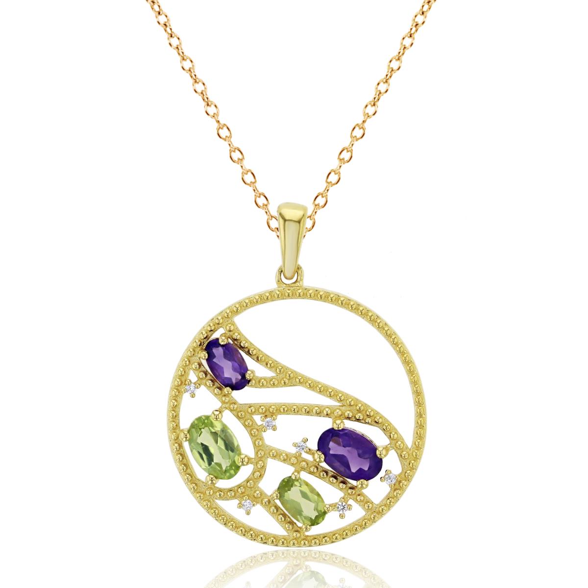 Sterling Silver +14KY GOS  0.03cttw Rnd Diamonds & Ov Amethyst/Peridot Beaded Circle 18"Necklace