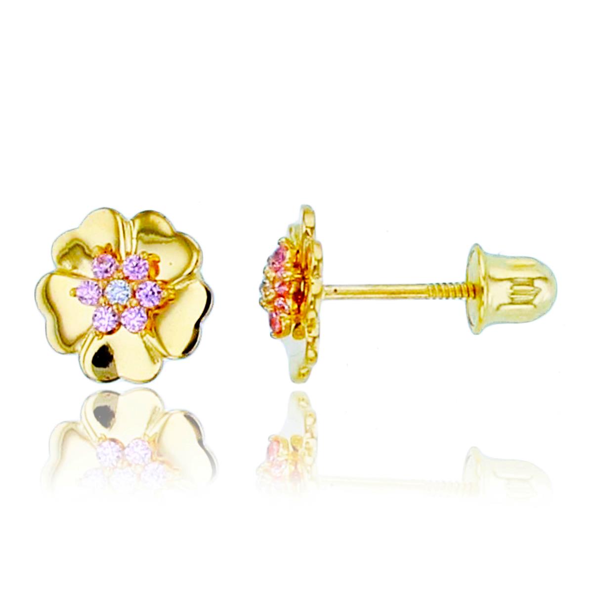 14K Yellow Gold 7x7mm Polished & White/Pink CZ Flower Stud Earring
