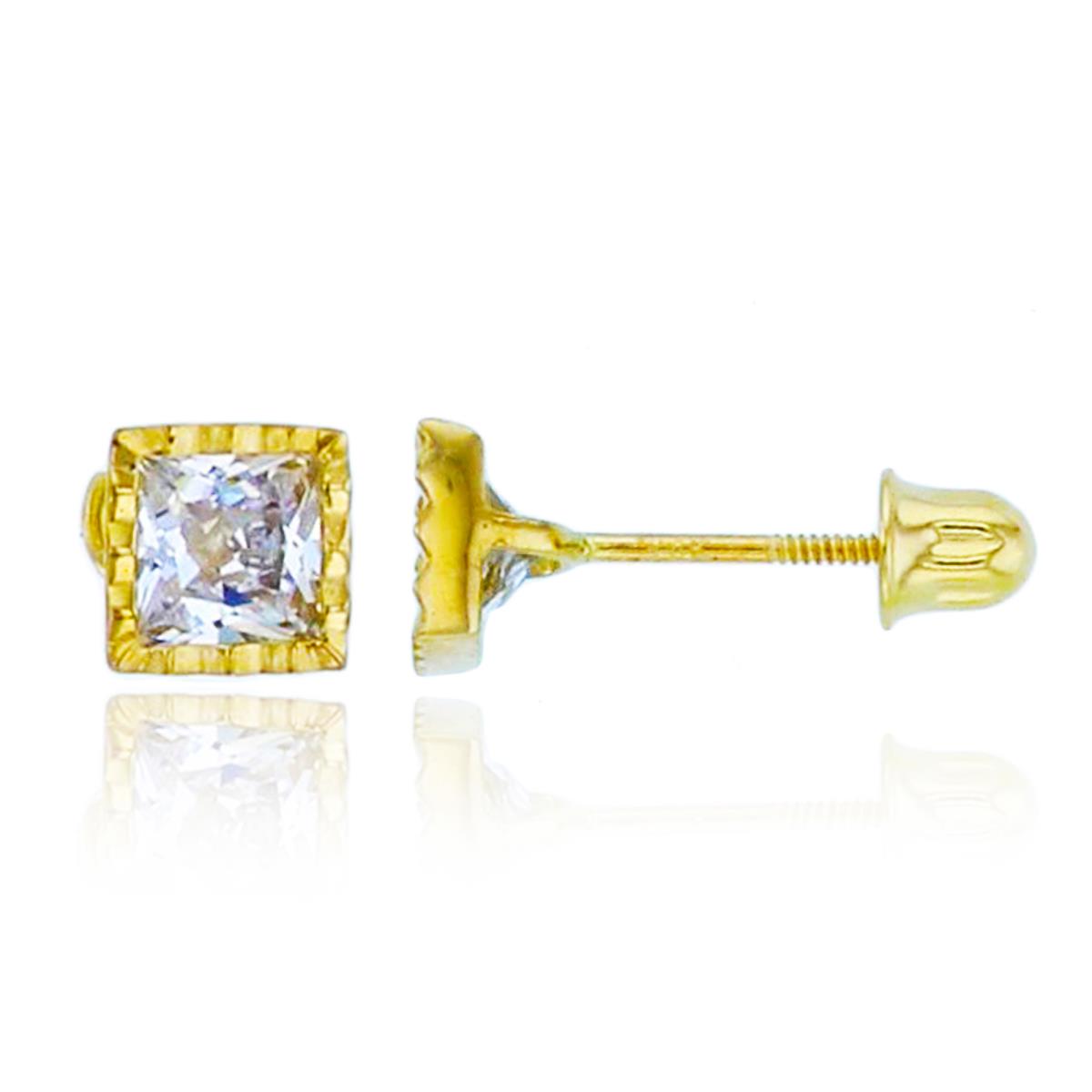 14K Yellow Gold 4mm Princess Cut DC Milgrain Screwback Stud Earring