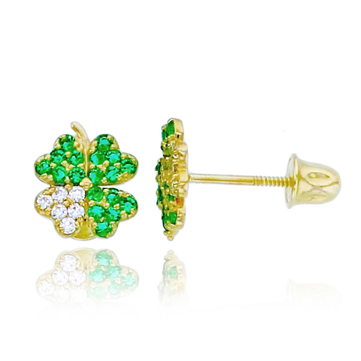 14K Yellow Gold Emerald & White CZ 4-Leaf Clover Screwback Stud Earring