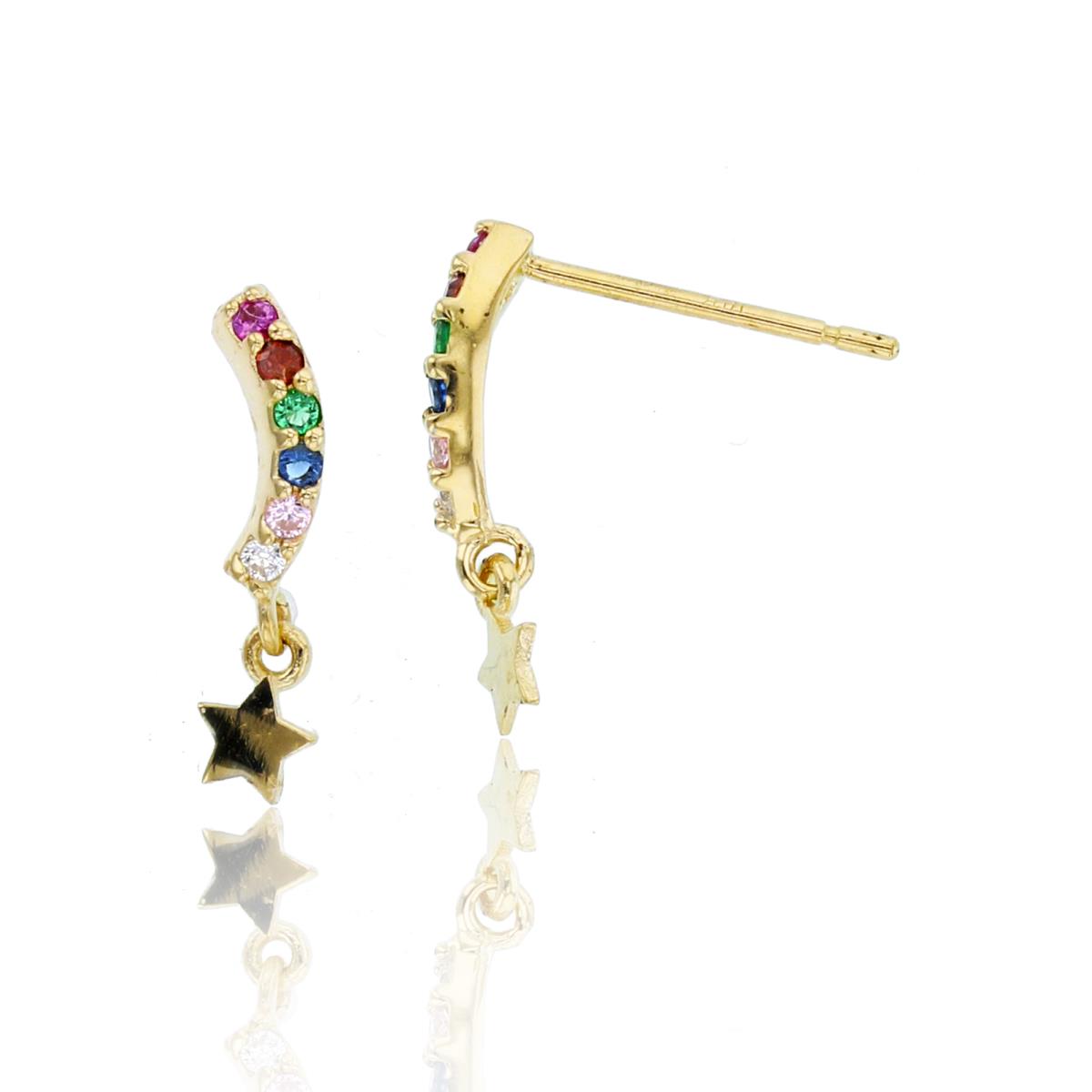 14K Yellow Gold Dangling Star Multi Color CZ Curved Stud Earring with Silicone Back