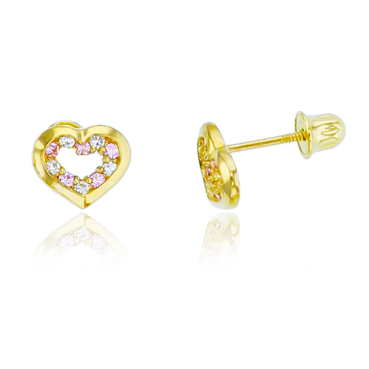 14K Yellow Gold 6x7mm Heart Pink & White CZ Screwback Stud Earring