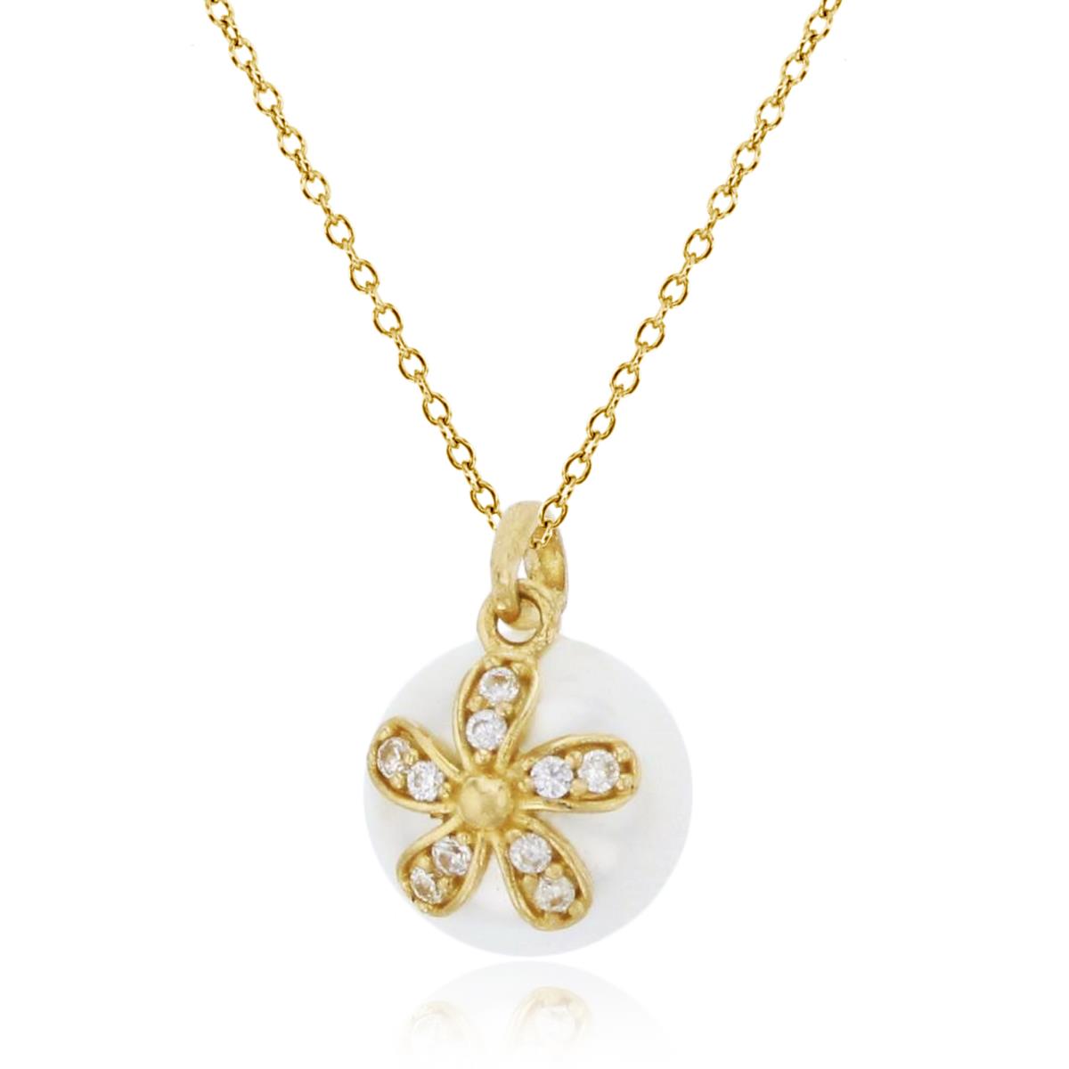 14K Yellow Gold Rnd CZ & 8mm Synthetic Pearl Flower 18"Necklace