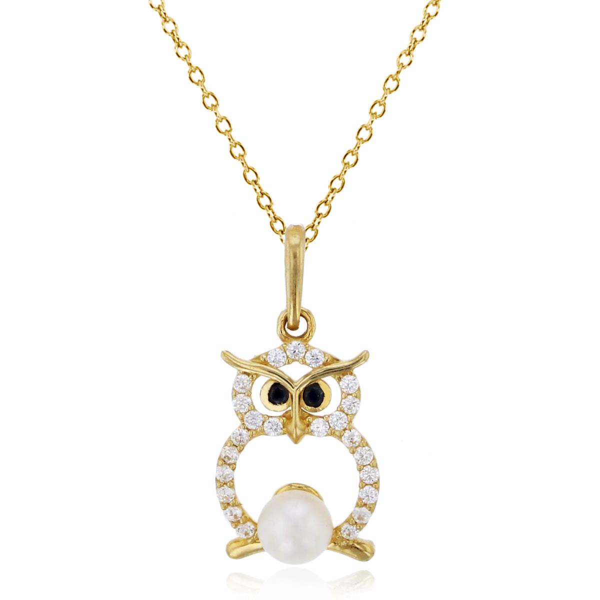 14K Yellow Gold Rnd Black /White CZ & 8mm Fresh Water Pearl Owl 18"Necklace