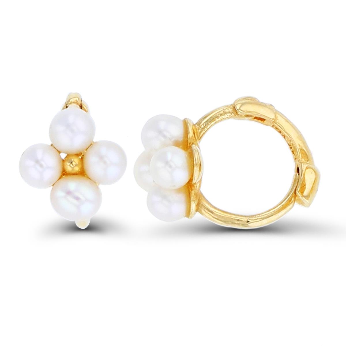 14K Yellow Gold Fresh Water Pearl Flower Small Huggie Earrings