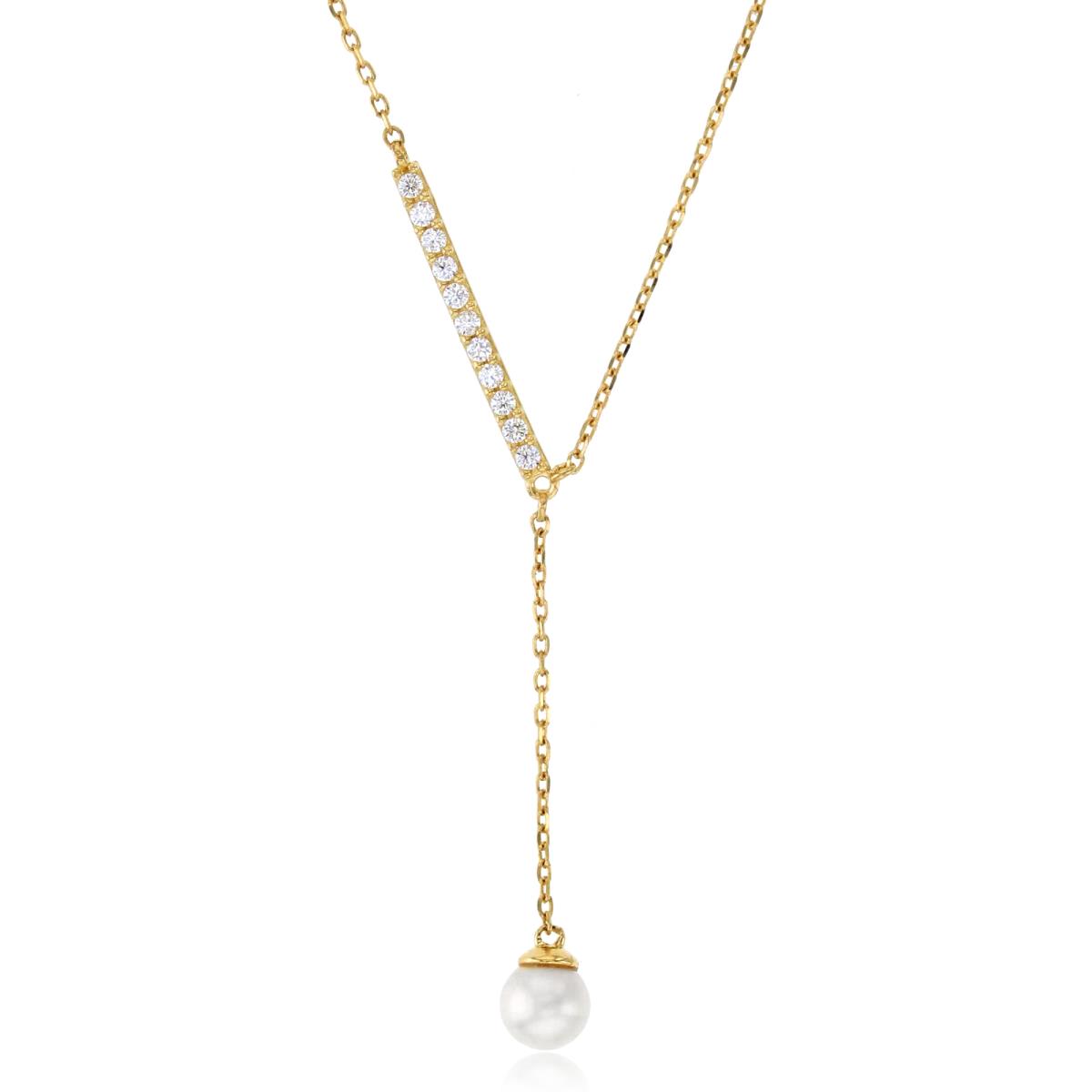 14K Yellow Gold 4mm Fresh Water Pearl Dangling on CZ Bar 18"+2"ext Necklace