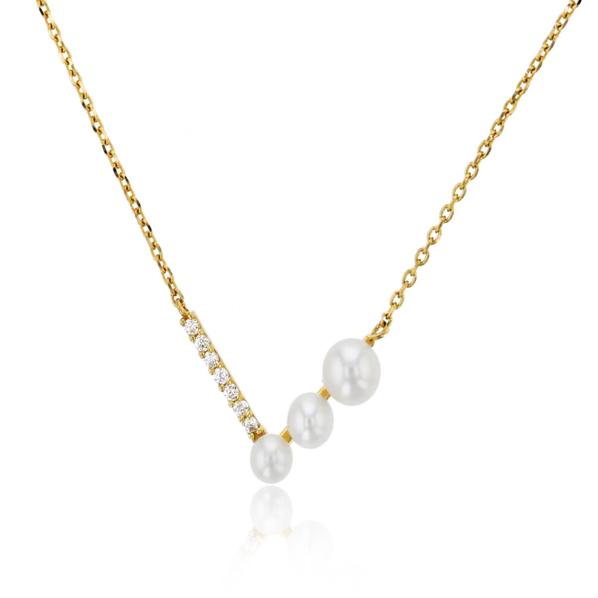 14K Yellow Gold 3-4mm Graduated Fresh Water Pearls & CZ  "V" 18+2"ext Necklace