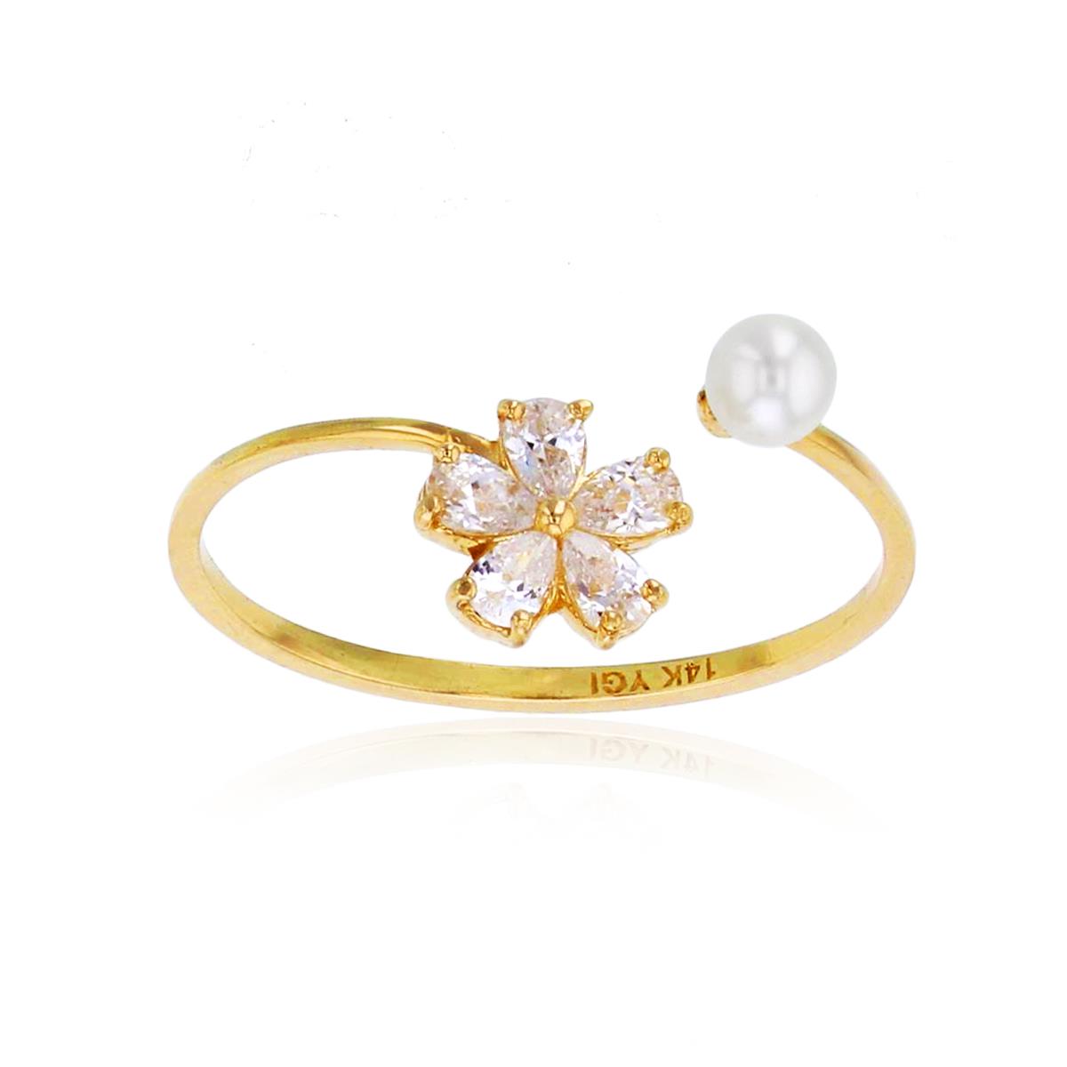14K Yellow Gold 3mm Fresh Water Pearl & PS CZ Flower Open Ring