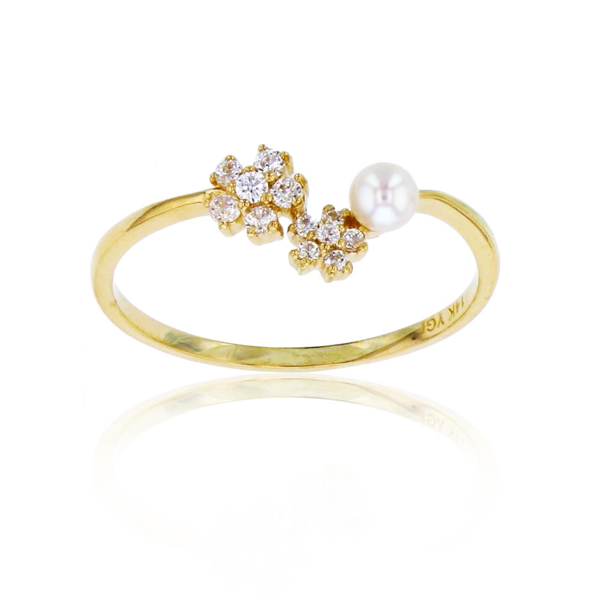 14K Yellow Gold 3mm Fresh Water Pearl & Rnd CZ Flowers Ring