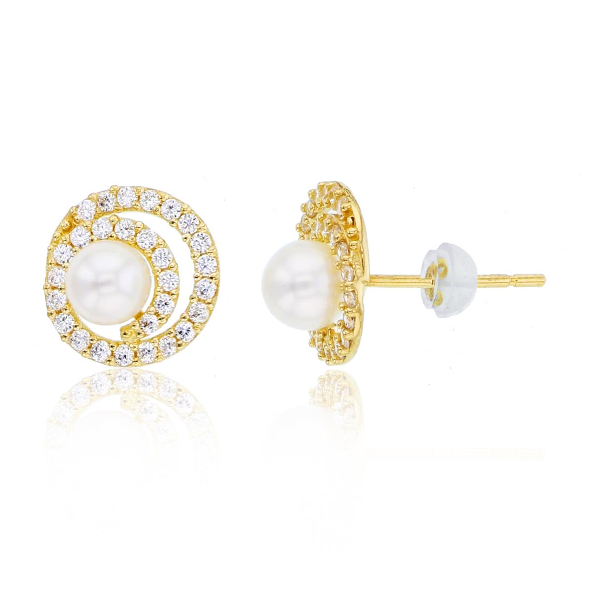14K Yellow Gold 4mm Fresh Water Pearl & Rnd CZ Swirl Circle Studs with Silicon Backs