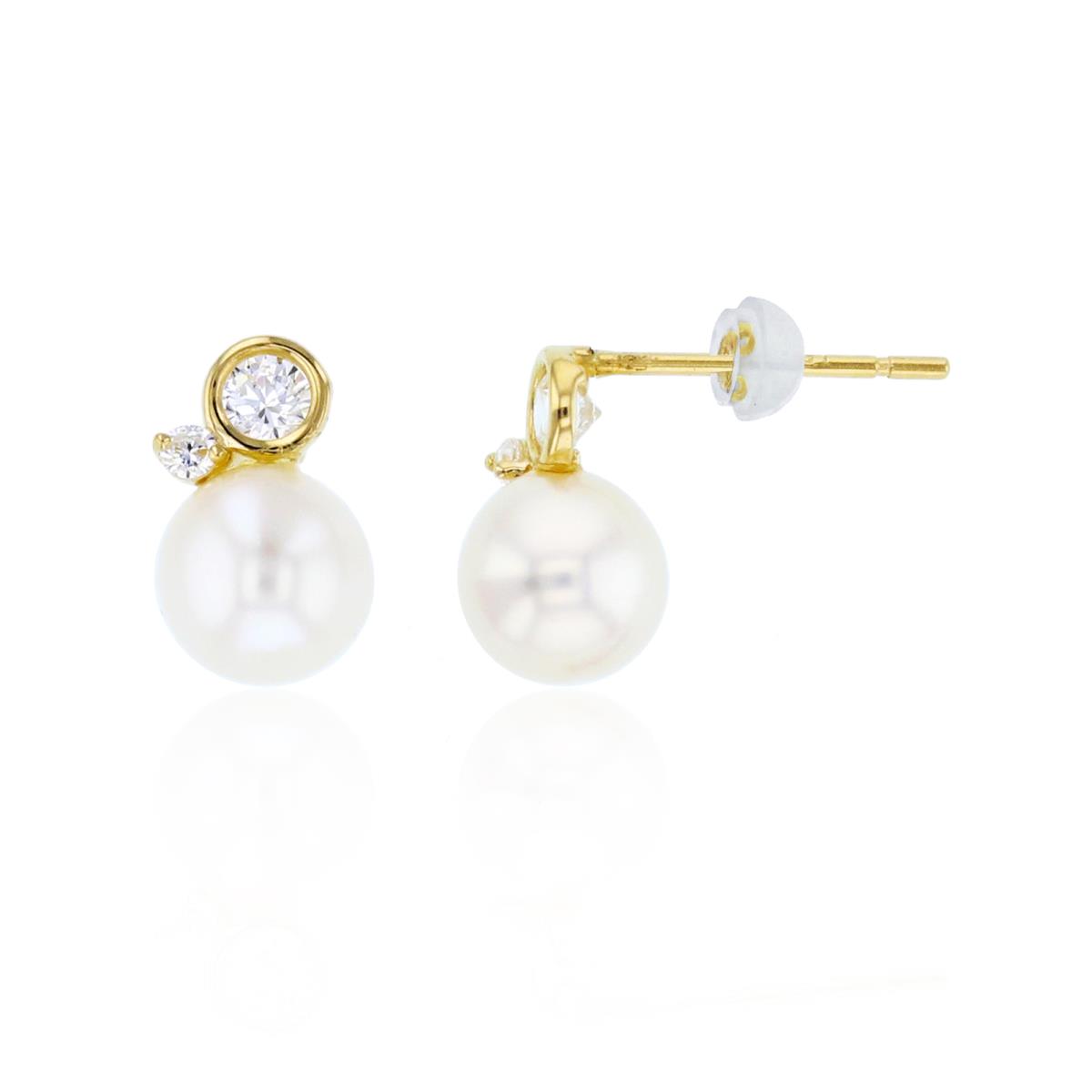 14K Yellow Gold 5mm Fresh Water Pearl & Rnd Bezel CZ Studs with Silicon Backs