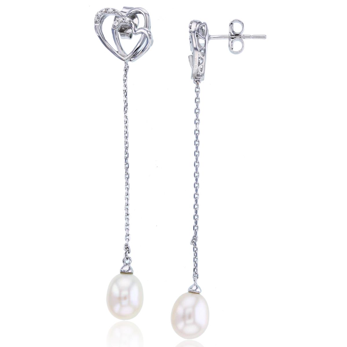 Sterling Silver Rhodium Rnd CZ Double Hearts & 9x7mm TD Pearl Dangling Earring