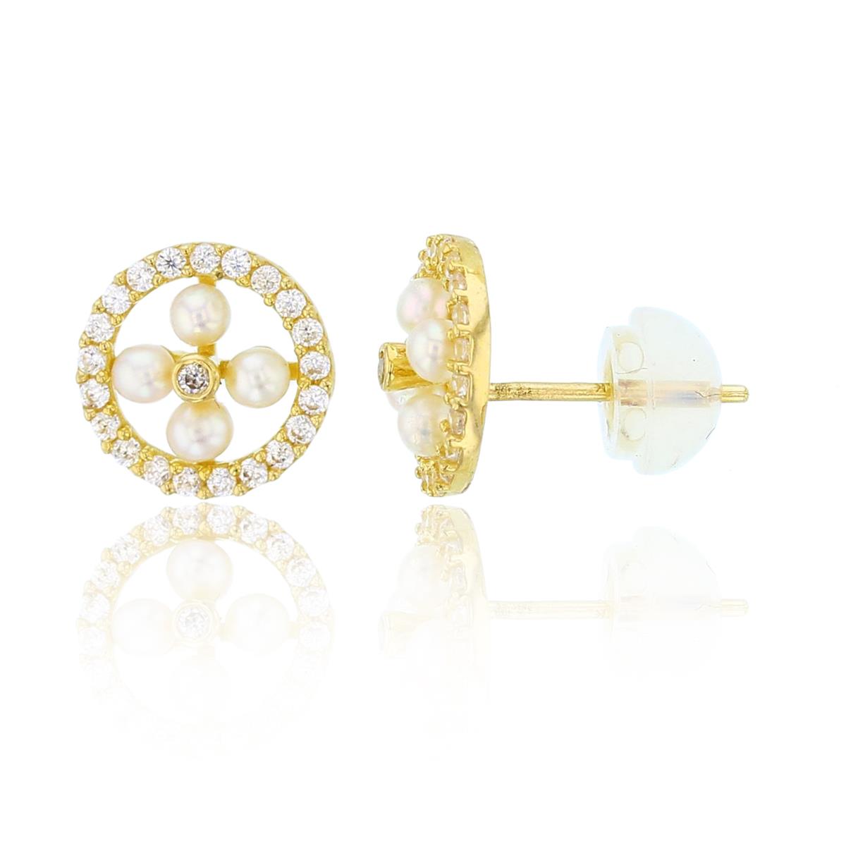 14K Yellow Gold Rnd Pearls & CZ Flower Studs with Silicon Backs
