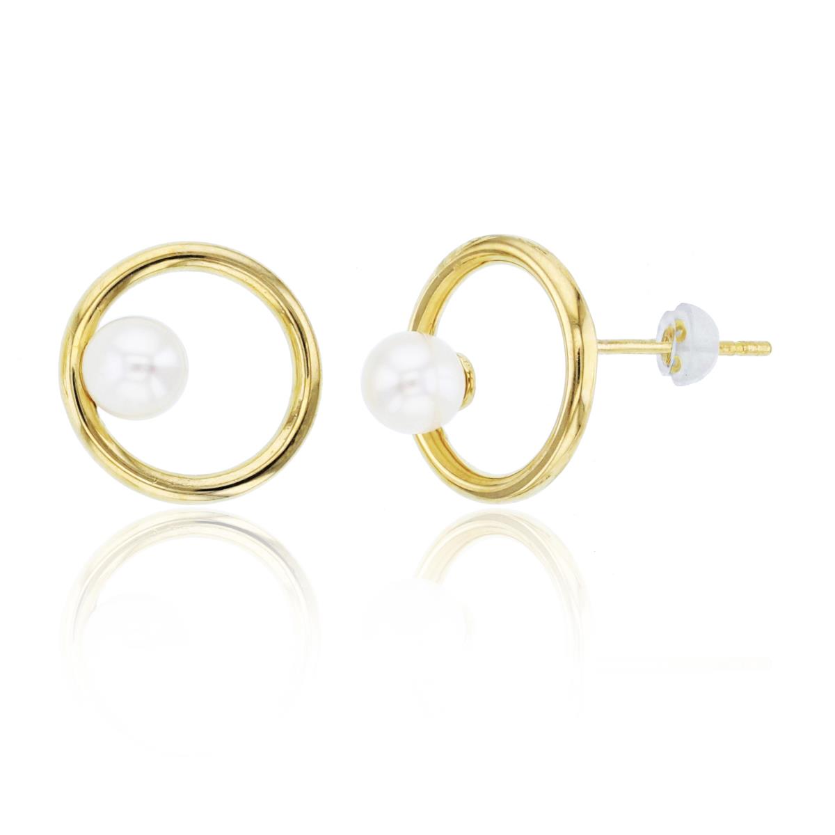 14K Yellow Gold 4mm Fresh Water Pearl on Open Circle Studs with Silicon Backs