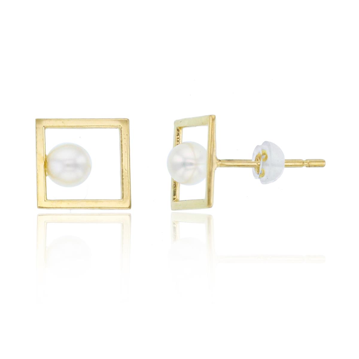 14K Yellow Gold 3mm Fresh Water Pearl on Open Square Studs with Silicon Backs
