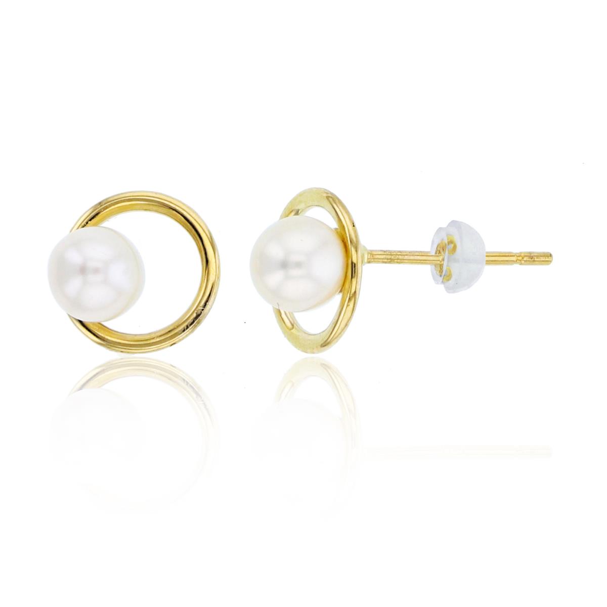 14K Yellow Gold 4mm Fresh Water Pearl on Open Circle Studs with Silicon Backs