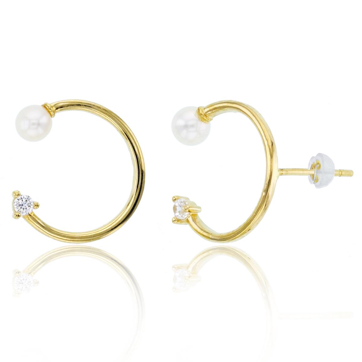 14K Yellow Gold 3mm Fresh Water Pearl & CZ on Open Circle Studs with Silicon Backs