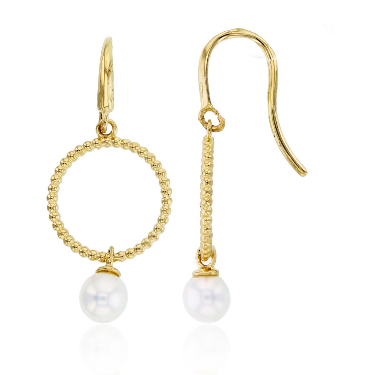 14K Yellow Gold 4mm Fresh Water Pearl in Open Spring Circle Dangling Earring