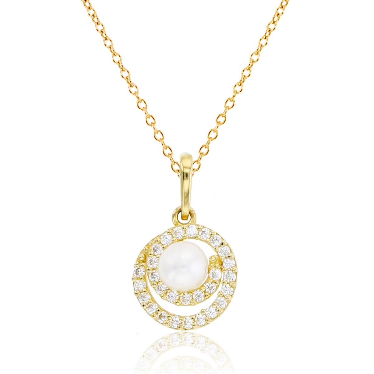 14K Yellow Gold 4mm Fresh Water Pearl & Rnd CZ Double Circle 18"Necklace