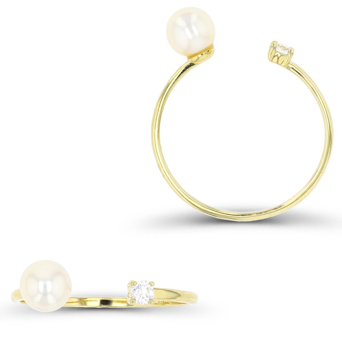 14K Yellow Gold 5mm Fresh Water Pearl & Rnd CZ on Open Band