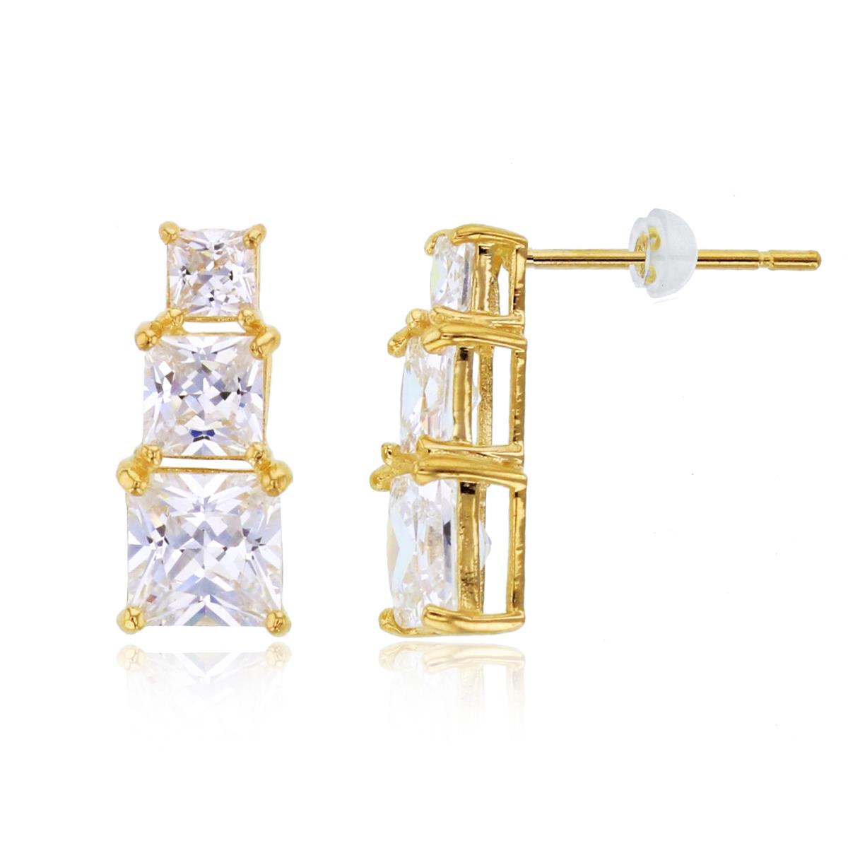 14K Yellow Gold Graduated Princess CZ Studs with Silicon Backs