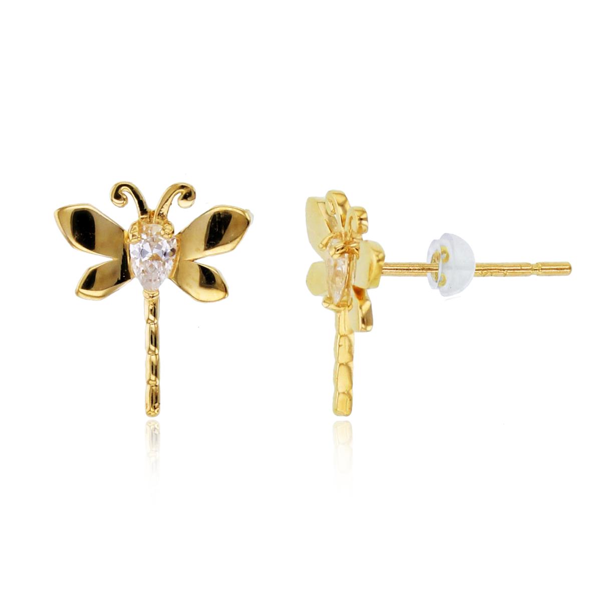 14K Yellow Gold 3x2mm PS CZ High Polished Dragonfly Studs with Silicon Backs