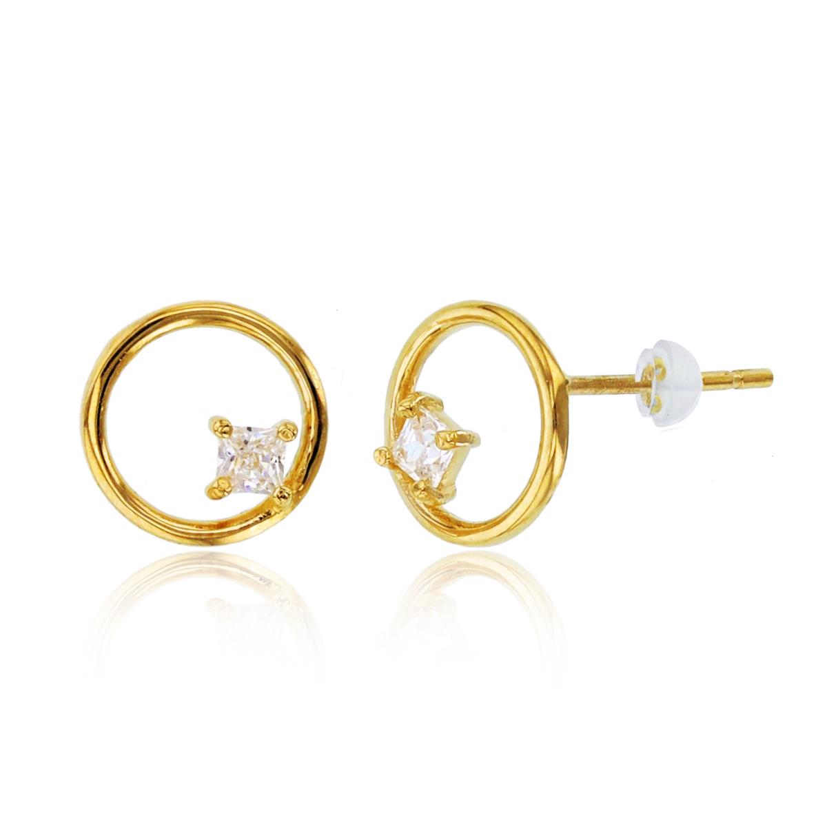 14K Yellow Gold 2x2mm Princess CZ in Open Circle Studs with Silicone Backs