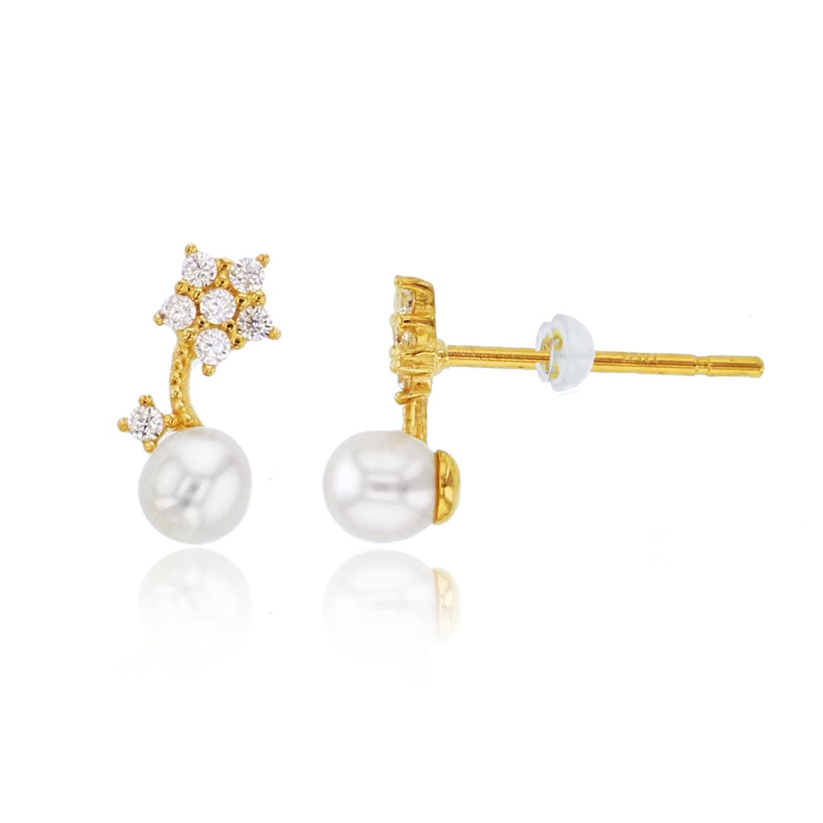 14K Yellow Gold 3mm Rnd Fresh Water Pearl & CZ Flower Studs with Silicone Backs