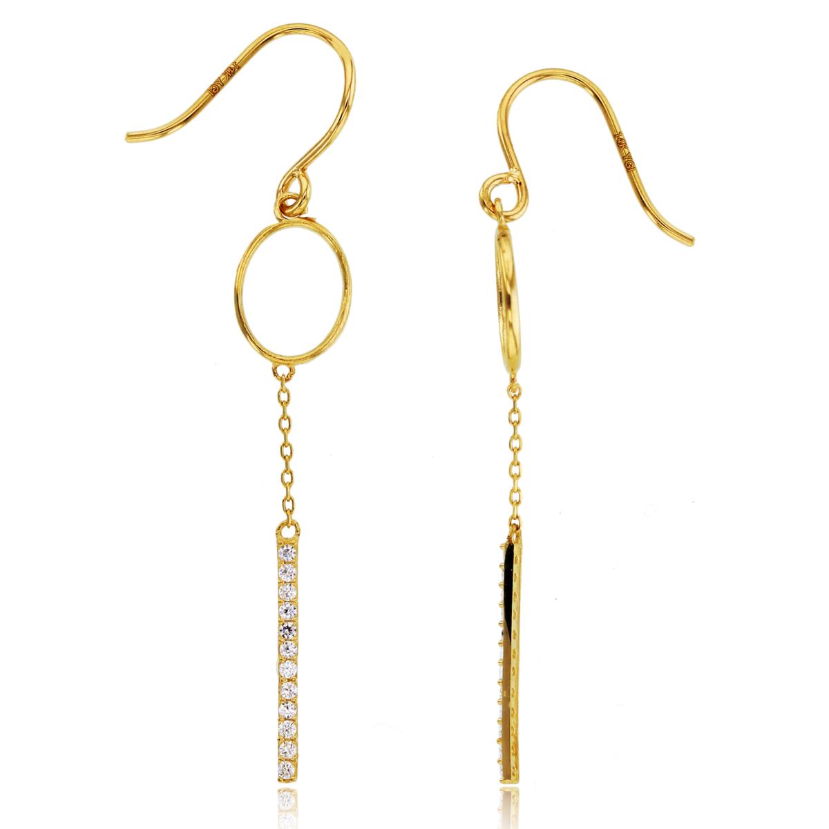 14K Yellow Gold Open Oval & Rnd CZ Bar Dangling on Chain Earrings