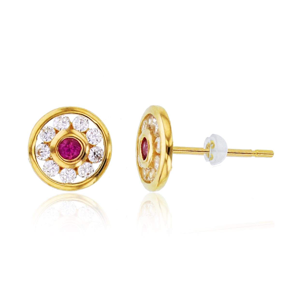 14K Yellow Gold Rnd White & Ruby CZ Bezel Circle Studs with Silicone Backs