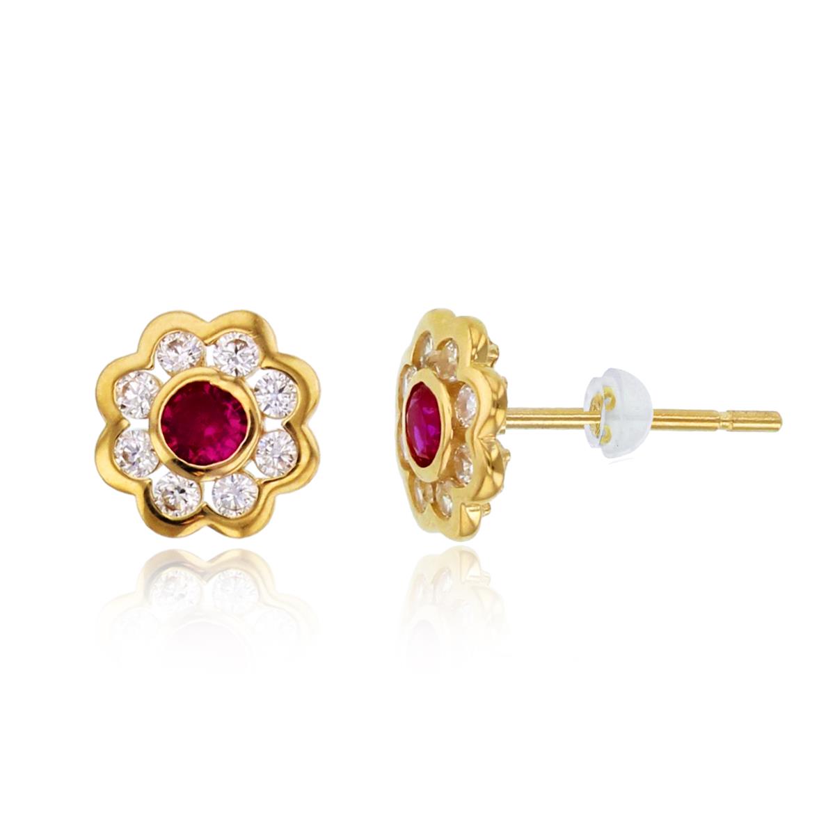 14K Yellow Gold Rnd White & Ruby CZ Bezel Flower Studs with Silicone Backs