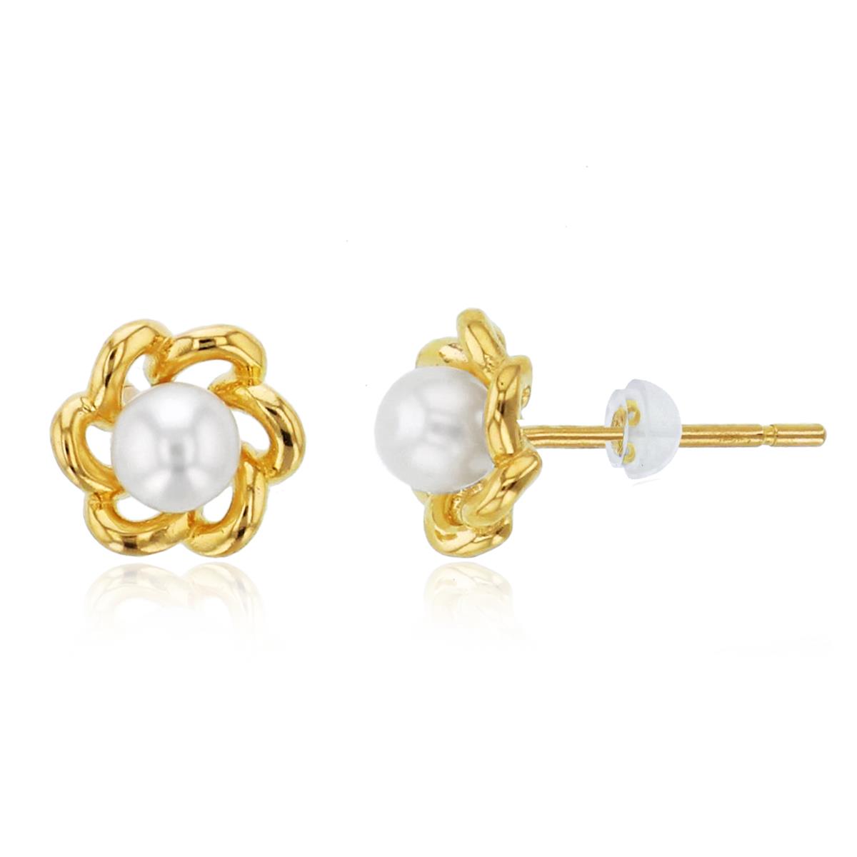 14K Yellow Gold 3mm Fresh Water Pearl Flower Studs with Silicone Backs
