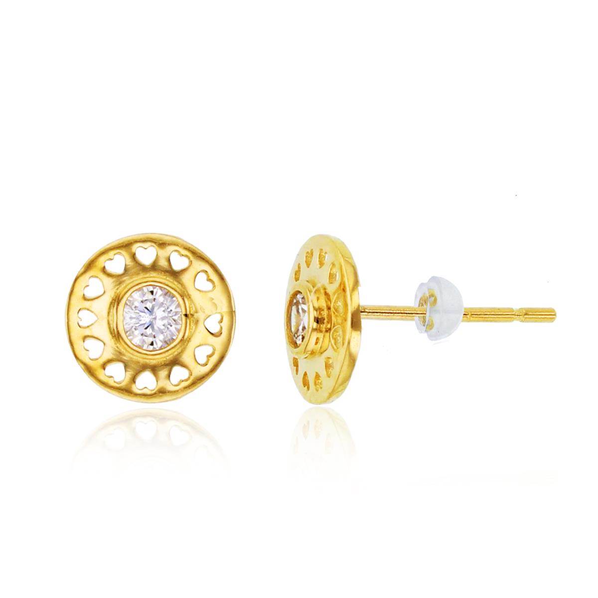 14K Yellow Gold Bezel Rnd CZ Center Filigree Studs with Silicone Backs