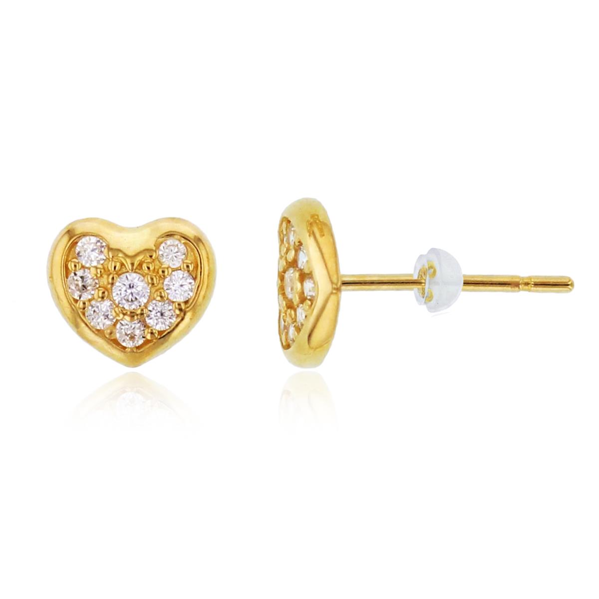 14K Yellow Gold Rnd CZ Micropave Heart Studs with Silicone Backs