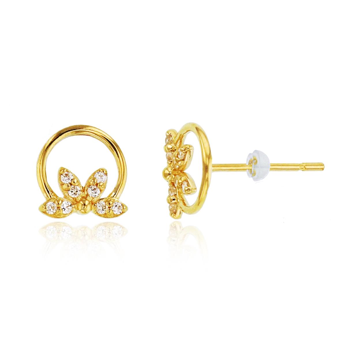 14K Yellow Gold Open Circle with CZ Flower Studs with Silicone Backs