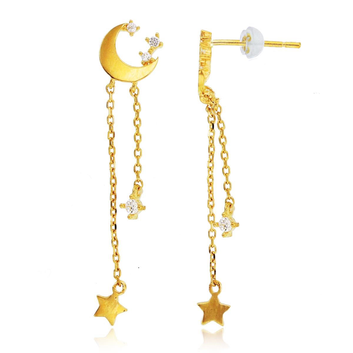 14K Yellow Gold High Polished Moon & CZ Stars Chain Earrings with Silicone Backs