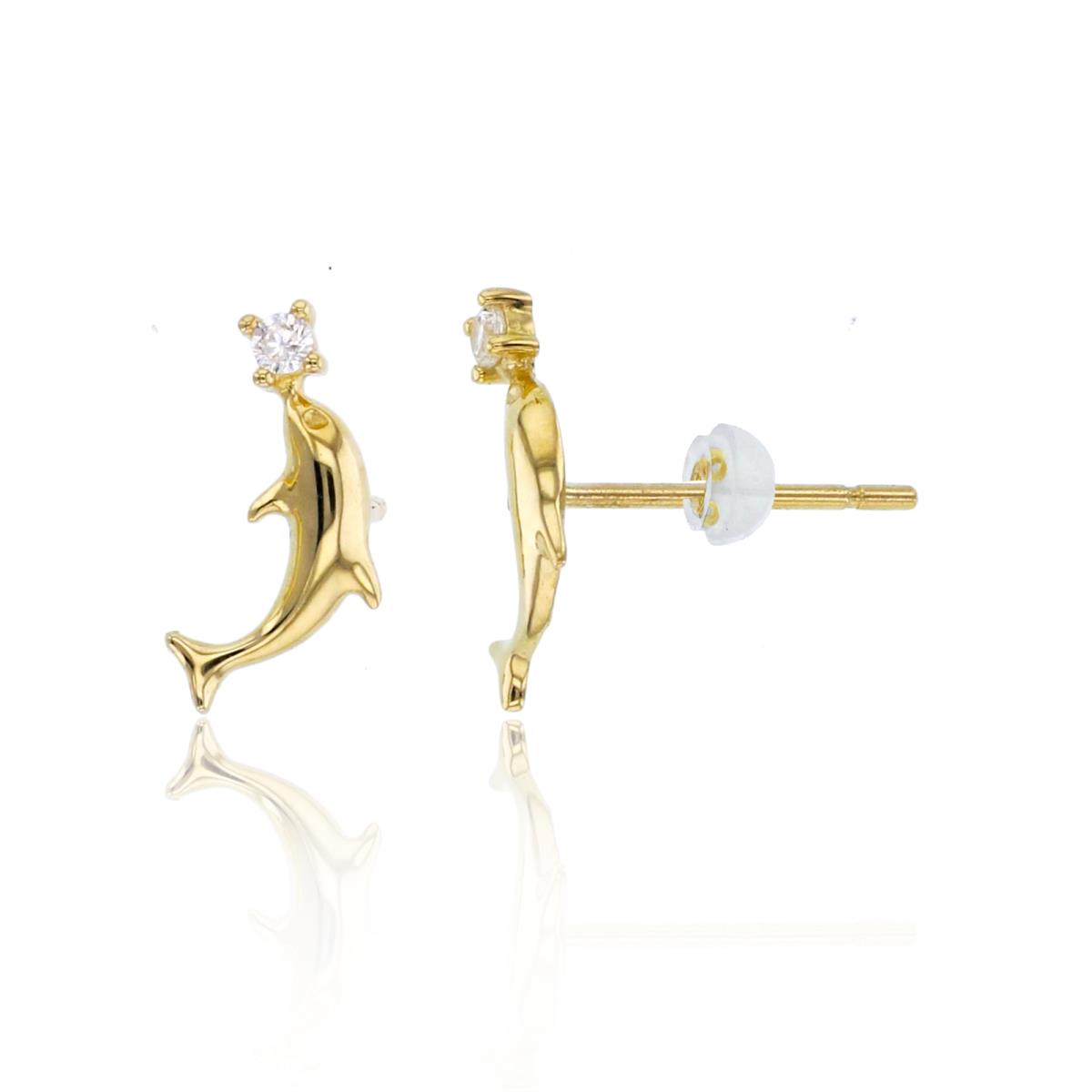 14K Yellow Gold High Polished Dolphin & CZ Ball Studs with Silicone Backs