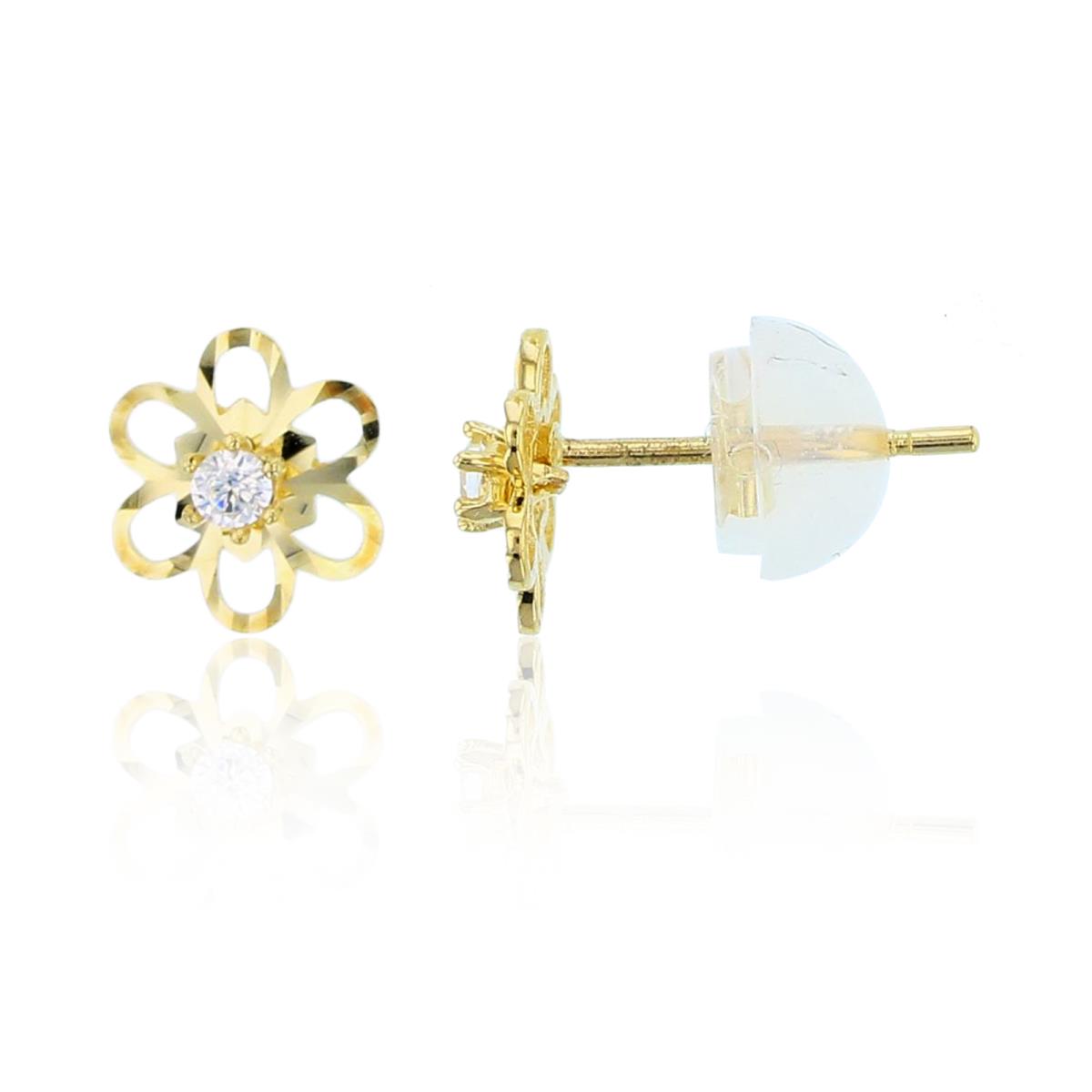 14K Yellow Gold Rnd CZ Center DC Flower Studs with Silicone Backs